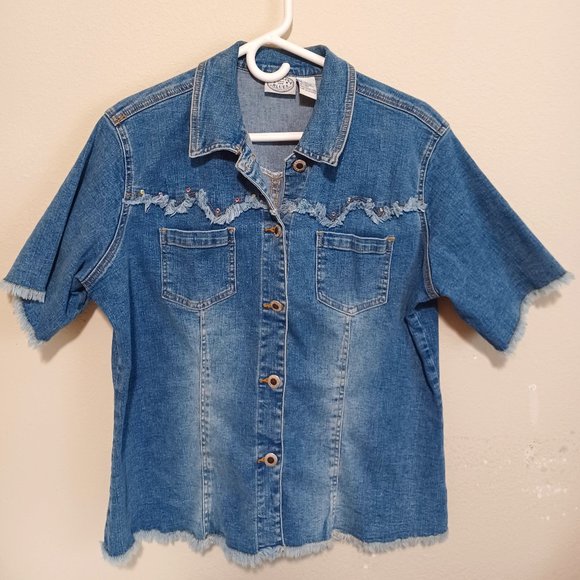 Vintage Carolina Blues Denim Shirt XL Raw Edges Button Down Short Sleeve Western - Picture 1 of 12